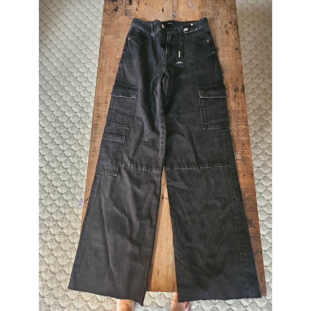 Express Womens High Waisted Wide Leg Cargo Jeans Washed Black Size 2R NWT